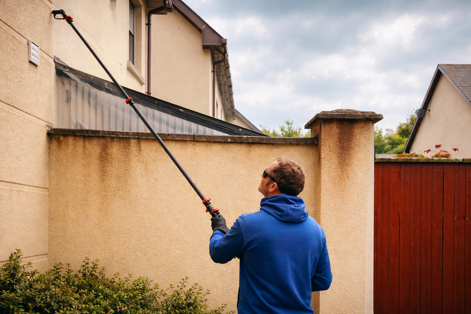 Soft washing rendered wall and facade